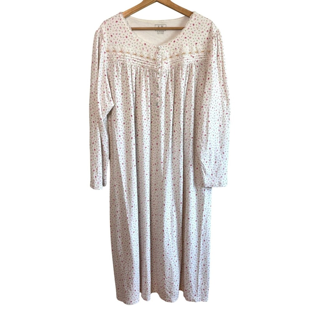 Eileen West XL Cream Floral Long Sleeve Midi Nightgown Lace Trim Cozy Knit
